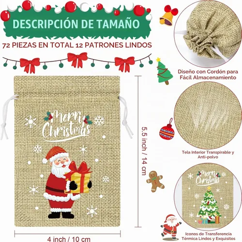 Vista 2 de FLOE 72 piezas Bolsas de regalo de Navidad de arpillera con cordón, bolsas de lino de Navidad con cordón para golosinas, bolsas de regalo de Navidad
