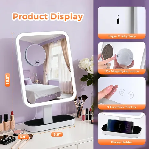 Vista 4 de Hollywood Espejo de maquillaje iluminado: Espejo de tocador de 12 x 10 pulgadas con luces, 3 modos de color, espejo de iluminación con aumento 10X
