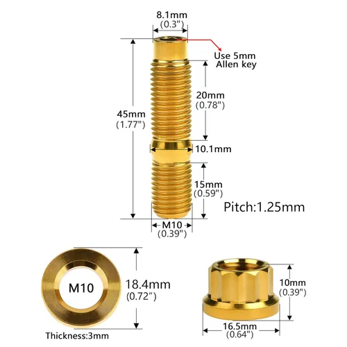 Vista 2 de Tornillo de titanio M8/M10x45 54 55 2.559 in paso 1.25 kit de pernos colector de escape automotriz tornillos, tuercas y arandelas kit de 4 piezas Oro