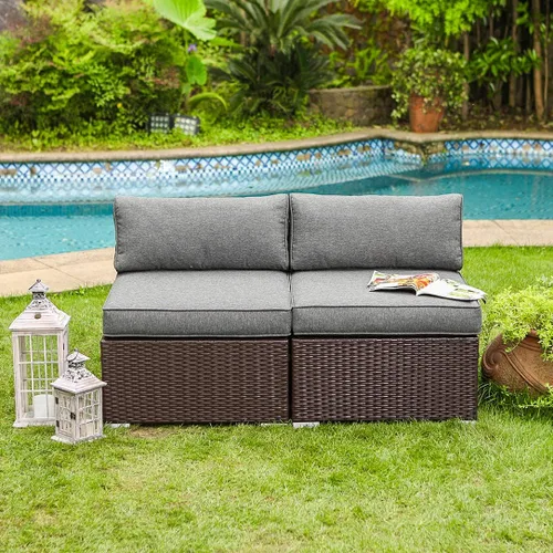 Vista 3 de COSIEST Juego de 2 sillas complementarias sin brazos para muebles de exterior para expandir sofá seccional de mimbre marrón chocolate con cojines