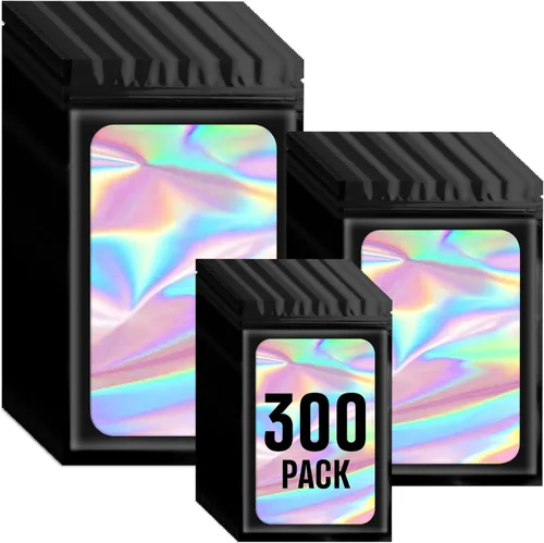 Paquete de 300 bolsas holográficas de Mylar de 3 tamaños con ventana transparente, bolsa resellable, a prueba de olores, bolsa de embalaje con