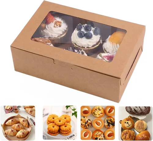 Vista 3 de 20 cajas de panadería marrones de 8 x 6 x 2.5 pulgadas con ventana, cajas de galletas para embalaje, cajas de golosinas para cupcakes, día de San