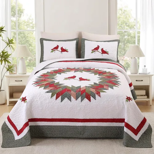 vctops Juego de edredón acolchado de algodón navideño de 3 piezas (pájaros, Queen extragrande) | Juego de ropa de cama de retazos con diseño de