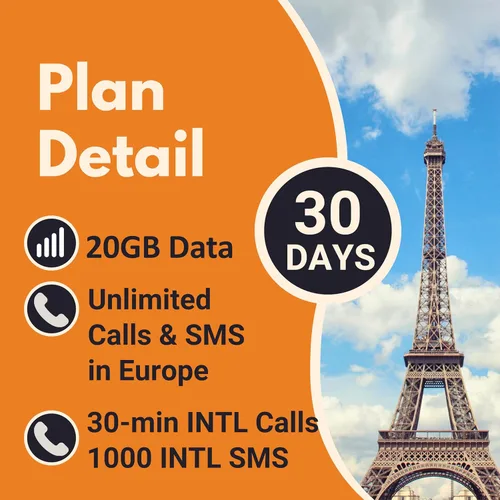 Vista 2 de Orange Holiday Europe Prepaid Sim 20GB Internet Data 30 días de uso Se permite la conexión de datos 30 minutos y 200 SMS de Europa a cualquier
