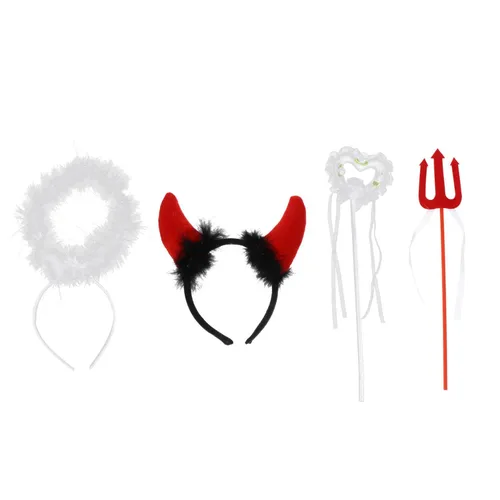LALAFINA Juego de 4 diademas de halo de ángel y cuernos de diablo con horquilla de diablo, varita angular, disfraz de ángel del diablo para