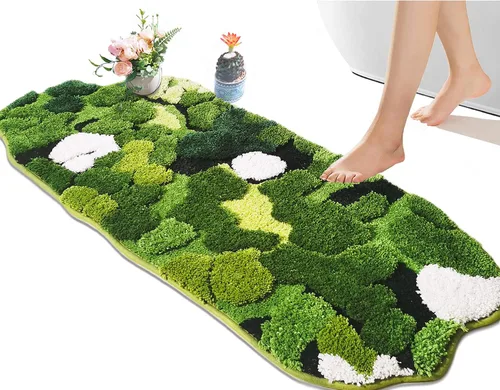 Hifuwan Linda Alfombra de Baño Alargada de Musgo Verde, Rectangular Larga, Estética Boho, Hojas, Alfombrilla de Baño Peluda Antideslizante