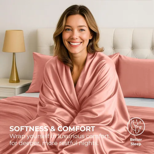 Vista 6 de Pure Bedding Sábanas de satén sedosas de lujo de hotel – Juego de sábanas de microfibra extra suave de 1800, resistente a las arrugas, a la Rosa