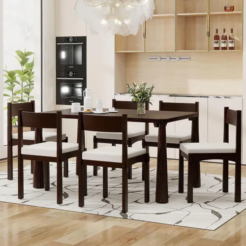 Vista 27 de Juego de mesa de comedor rústica de 6 piezas con mesa rectangular de caballete y 4 sillas tapizadas y banco, juego de mesa de comedor de cocina