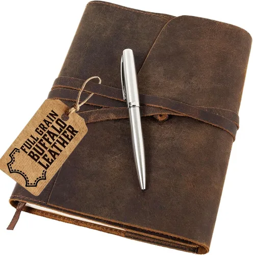 Diario de cuero moonster recargable - Cuadernos de escritura para mujeres, cuaderno de cuero para hombres con cubierta de pluma - Papel rayado