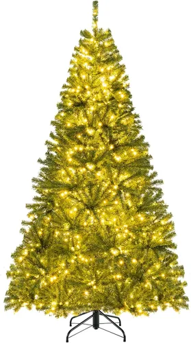 Vista 12 de Goplus - Árbol de Navidad artificial nevado de 4.5 pies, con nieve, flocado, con bisagras, preiluminado con 200 luces LED, 400 puntas de ramas