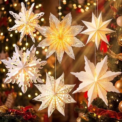 Vista 10 de Watersay Paquete de 6 Faroles de Papel de Copo de Nieve de Navidad Faroles de Papel de Estrella de Navidad con 6 Luces LED Blancas Ornamentos