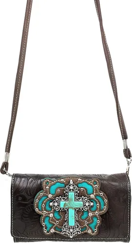 Vista 3 de Zelris Western turquesa piedra Cruz mujeres Crossbody muñeca asa triple cartera