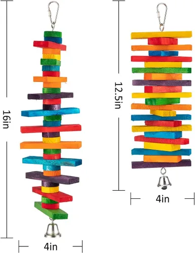 Vista 6 de MEWTOGO 2 juguetes para pájaros – Juguetes para loros con bloques de madera natural multicolor, palitos de masticación de pájaros, juguetes