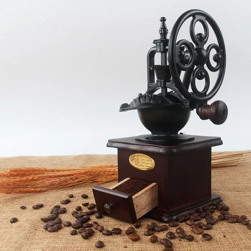 Vista 8 de Molinillo de café de fresas, Molinillo manual de madera de estilo vintage, Molino de café clásico de prensa francesa con cepillo Manivela