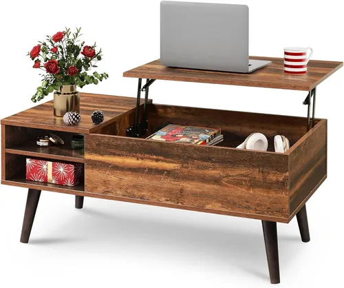 Vista 14 de WLIVE - Mesa de centro de madera con parte superior elevable, compartimento oculto y estante de almacenamiento ajustable, mesa elevable para comedor
