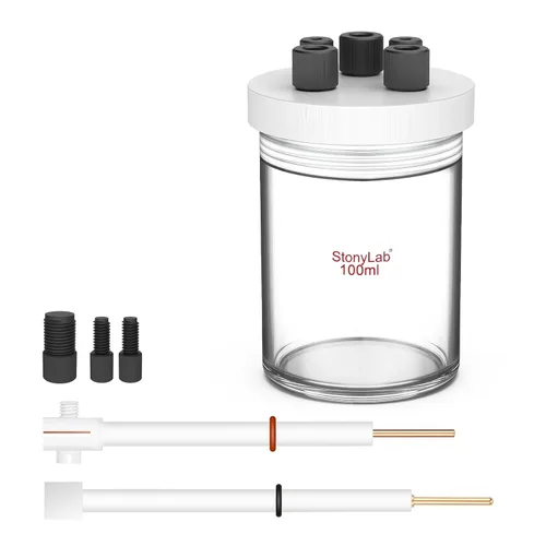 Vista 7 de stonylab Kit de celda electrolítica, electrolizador de reactor electroquímico sellado con borosilicato con tapa de PTFE de 5 agujeros, 1.7 fl oz