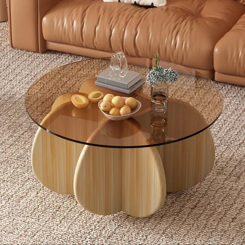 Vista 6 de Mesa de centro redonda de 31.5 pulgadas con parte superior de vidrio templado, mesa de cóctel moderna de mediados de siglo con base inspirada