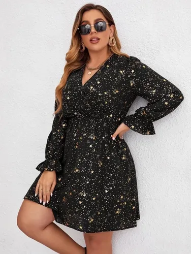 Vista 2 de Mycrushcity Womens Plus Size V Neck Flounce Long Sleeve Gold Galaxy Print Mini Dress