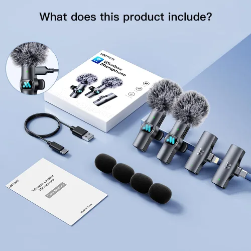 Vista 7 de Leettus 2pcs Micrófono Inalámbrico Lavalier para iPhone iPad Grabación de Video, Mini Micrófono para Transmisión en Vivo de Juegos, Entrevistas