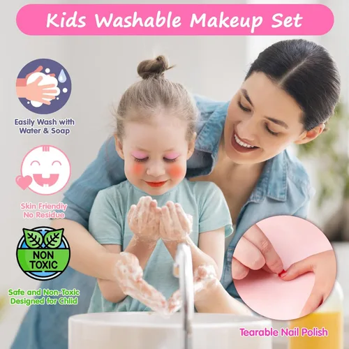 Vista 6 de Topsolid Kit de Maquillaje Infantil con Espejo - Juego de Maquillaje Lavable Real para Niñas de 5-8, Set de Cosméticos de Princesa, Regalos