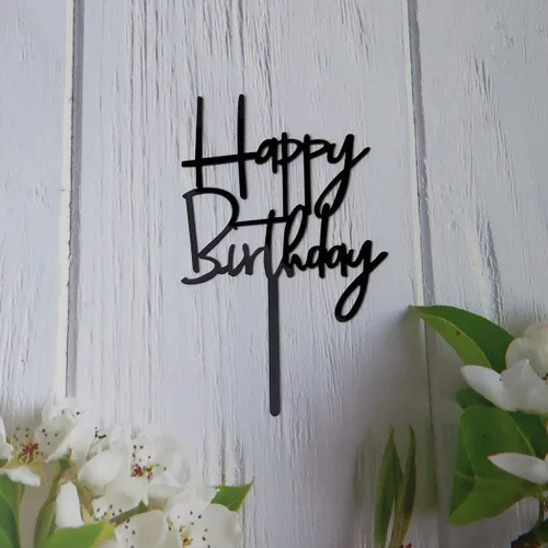 Vista 4 de Decoración de pastel de feliz cumpleaños para decoraciones de fiesta de cumpleaños (acrílico negro)