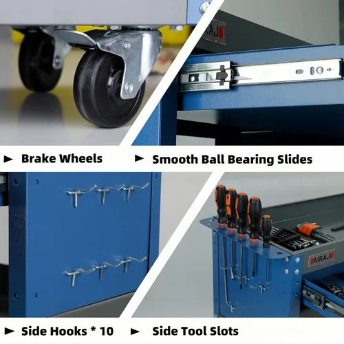 Vista 3 de Carrito de herramientas de 3 niveles, carrito de herramientas rodante de capacidad de 440 libras con cajones, carrito de servicio industrial