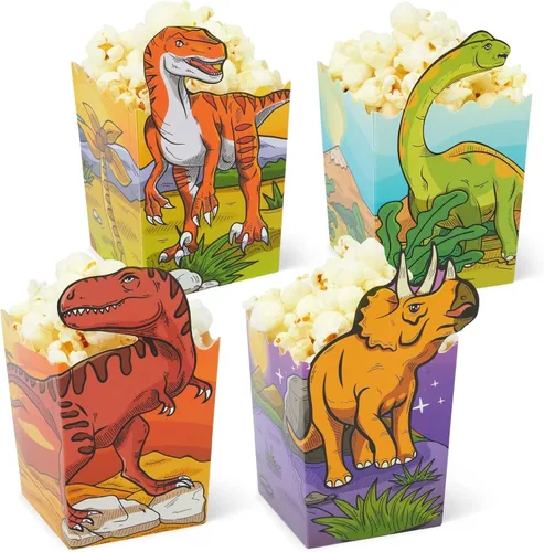 BLUE PANDA Cajas de palomitas de maíz de dinosaurio, paquete de 60, multicolor, 4 diseños, cajas de palomitas de maíz a granel para suministros de