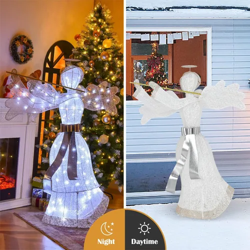 Vista 6 de Tangkula Ángel de Navidad iluminado para exteriores, decoración navideña preiluminada para patio, decoración de Navidad artificial con 100 luces