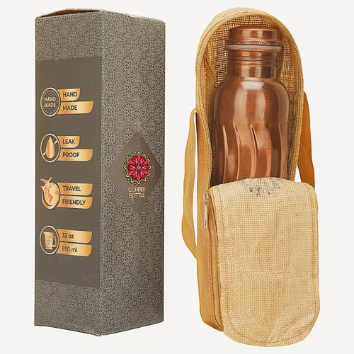 Vista 2 de Botella de agua de cobre 100% puro para beber, botella de cobre con acabado antiguo de 34 onzas, a prueba de fugas, ecológica, recipiente ayurvédico