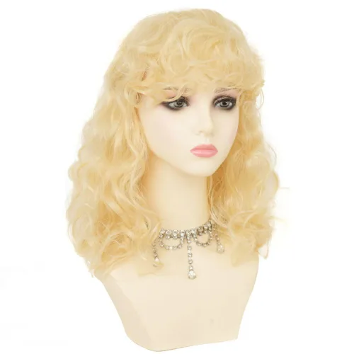 Vista 2 de Peluca rubia corta y rizada para mujer, longitud hasta el hombro, peluca de pelo ondulado con flequillo, resistente al calor, disfraz de cosplay
