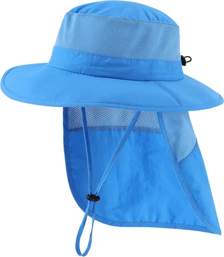 Vista 3 de Home Prefer UPF50+ Sombrero de sol para niños y niñas, sombrero de pesca de ala ancha con solapa para el cuello, gorra de protección solar para Azul