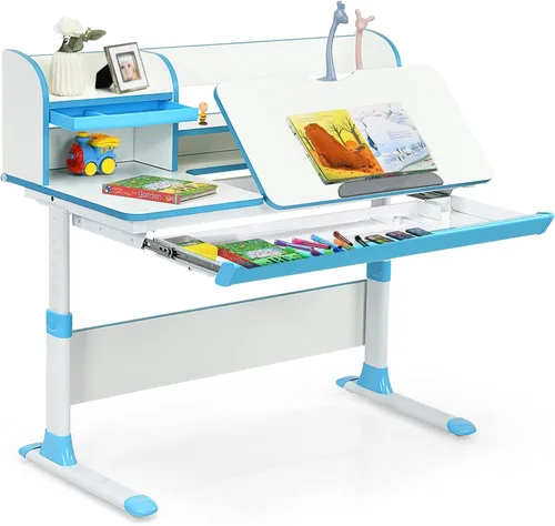 Costzon Escritorio para niños, de 48 x 24 x 33 a 43 pulgadas, escritorio de estudio de altura ajustable con cajón, escritorio inclinado, estuche