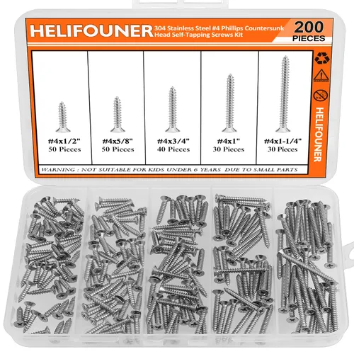Vista 8 de Juego de tornillos de madera #2 x 1/4" 3/8" 1/2" 5/8" 3/4", HELIFOUNER 240 piezas de kit de surtido de tornillos autorroscantes con cabeza Phillips