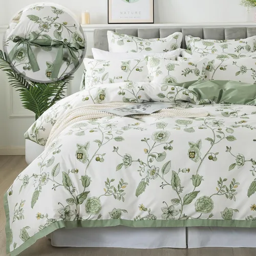 Vista 27 de FADFAY Juego de funda de edredón floral 100% algodón a rayas verdes y beige, ropa de cama de flores desgastadas con diseño de ramas botánicas