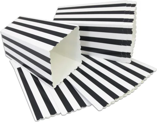 Vista 2 de Mini cajas de papel para palomitas de maíz a rayas blancas y negras, cajas de golosinas, caja de regalo de cumpleaños, cajas de aperitivos, cajas
