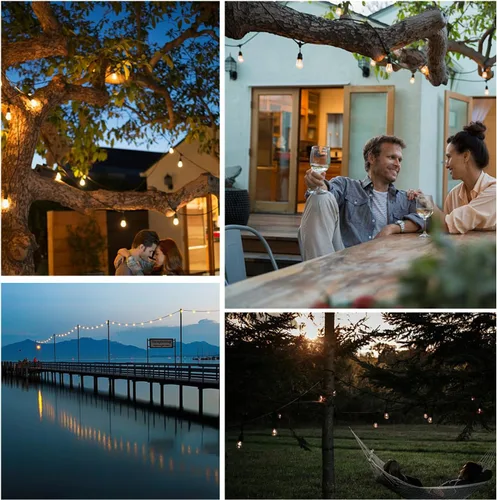 Vista 6 de Cadena de luces LED para exteriores de 48 pies con 15+1 (repuesto) bombillas inastillables de 1 W, color negro, impermeable, conectable, luces