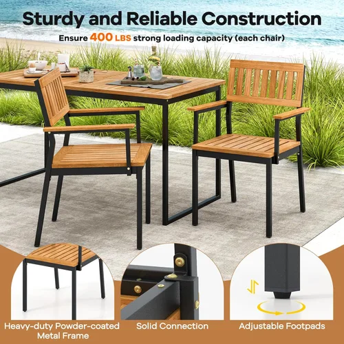 Vista 7 de Tangkula Juego de comedor al aire libre de 7 piezas para 6, mesa de comedor rectangular de madera de acacia y 6 sillones con marco de metal, agujero