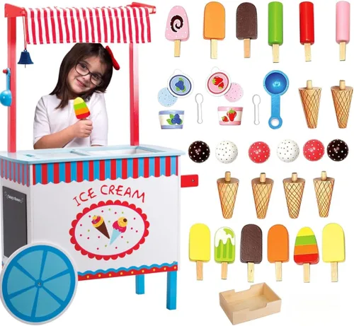 Carrito de helados por Svan, construcción de madera real, caja con dinero, pizarrón, tiza y más de 30 piezas de helado