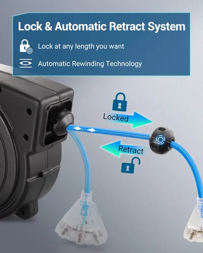 Vista 3 de DEWENWILS Carrete de Cable de Servicio Pesado, Cable de Extensión de Alimentación Retráctil de 40 Pies, 12AWG/3C SJTOW, 3 Tomas Triples Iluminadas