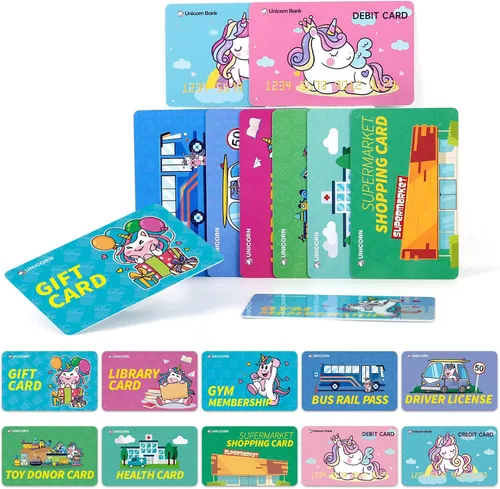 Tarjetas de crédito falsas para niños, tarjetas de crédito de unicornio para niñas, 10 unidades