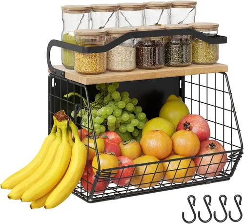 Estante Magnético para Refrigerador con Tapa de Madera, Cesta de Frutas Resistente, Contenedores de Almacenamiento de Frutas, Papas y Cebollas de Mefirt