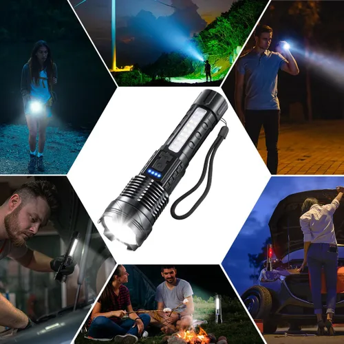 Vista 7 de Paquete de 3 linternas recargables, linternas tácticas de 7 modos de alto lúmenes, linterna súper brillante potente, linterna LED recargable, luz