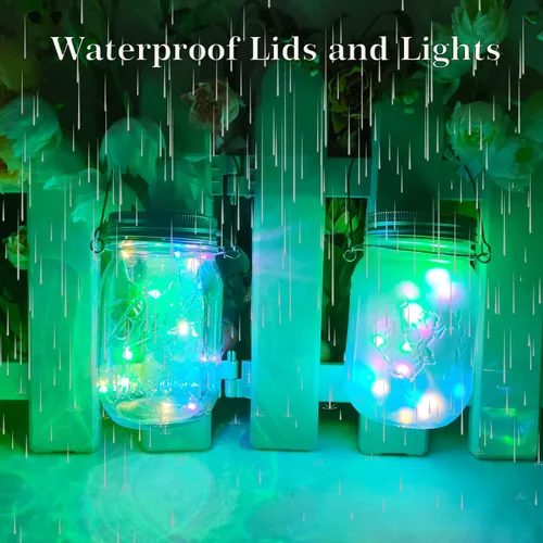 Vista 6 de SmilingTown Guirnalda de luces solares para tarros de masón, paquete de 12 unidades, 30 luces LED de luciérnaga con 12 perchas impermeables