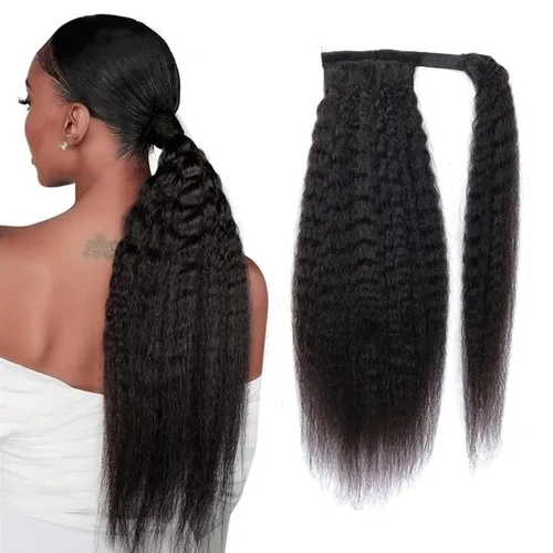 Vista 32 de Extensiones de cola de caballo de cabello humano lacio, color negro natural, pasta mágica envolvente, extensiones de cabello Remy 100% real
