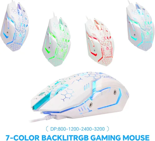 Vista 5 de CHONCHOW Combo de teclado y mouse para juegos, arco iris, retroiluminado, luz ambiental, caracteres iluminados, USB con cable, ratones, compatible