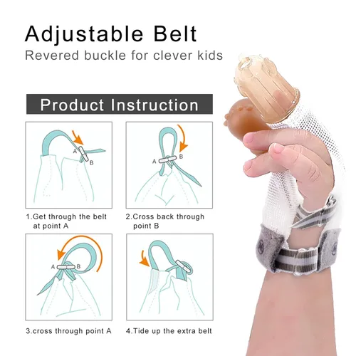 Vista 4 de Tope de succión de pulgar para niños de 1 a 4 años de edad, protector de dedos de silicona para chupar el pulgar con malla transpirable, kit