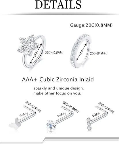 Vista 2 de Akeoqi 29 aros de nariz de 0.71 oz, aros de nariz de acero inoxidable, forma de tornillo de hueso en L, circonita cúbica, mariposa, serpiente