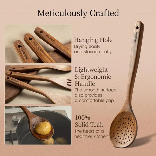 Vista 5 de Kikcoin Juego de utensilios de cocina de madera, 7 cucharas de madera maciza de teca para cocinar con mango largo, juego de utensilios de cocina