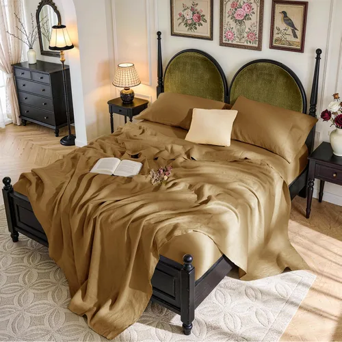 Vista 24 de SONORO KATE - Sábanas 100% de lino puro francés, transpirables y duraderas, antidesgarros, lavables a máquina, bolsillo profundo de 16 pulgadas, 4