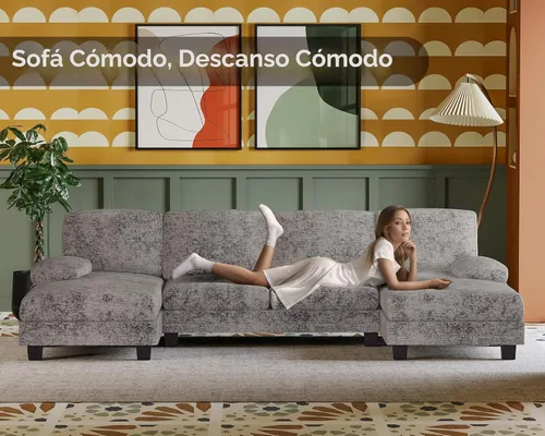 Vista 4 de Furmax Sofás seccionales para sala de estar, sofá en forma de U con tela de lino, juego de sofá de 4 asientos con diván doble para apartamento Gris